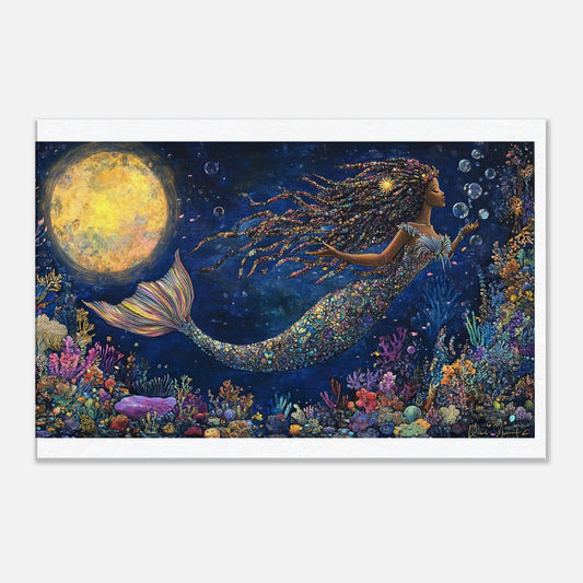 Black Mermaid Canvas Print – Underwater Enchantment with Full Moon and Coral Reef for Inspiring Decor - MoomZee Artwork - Print Material