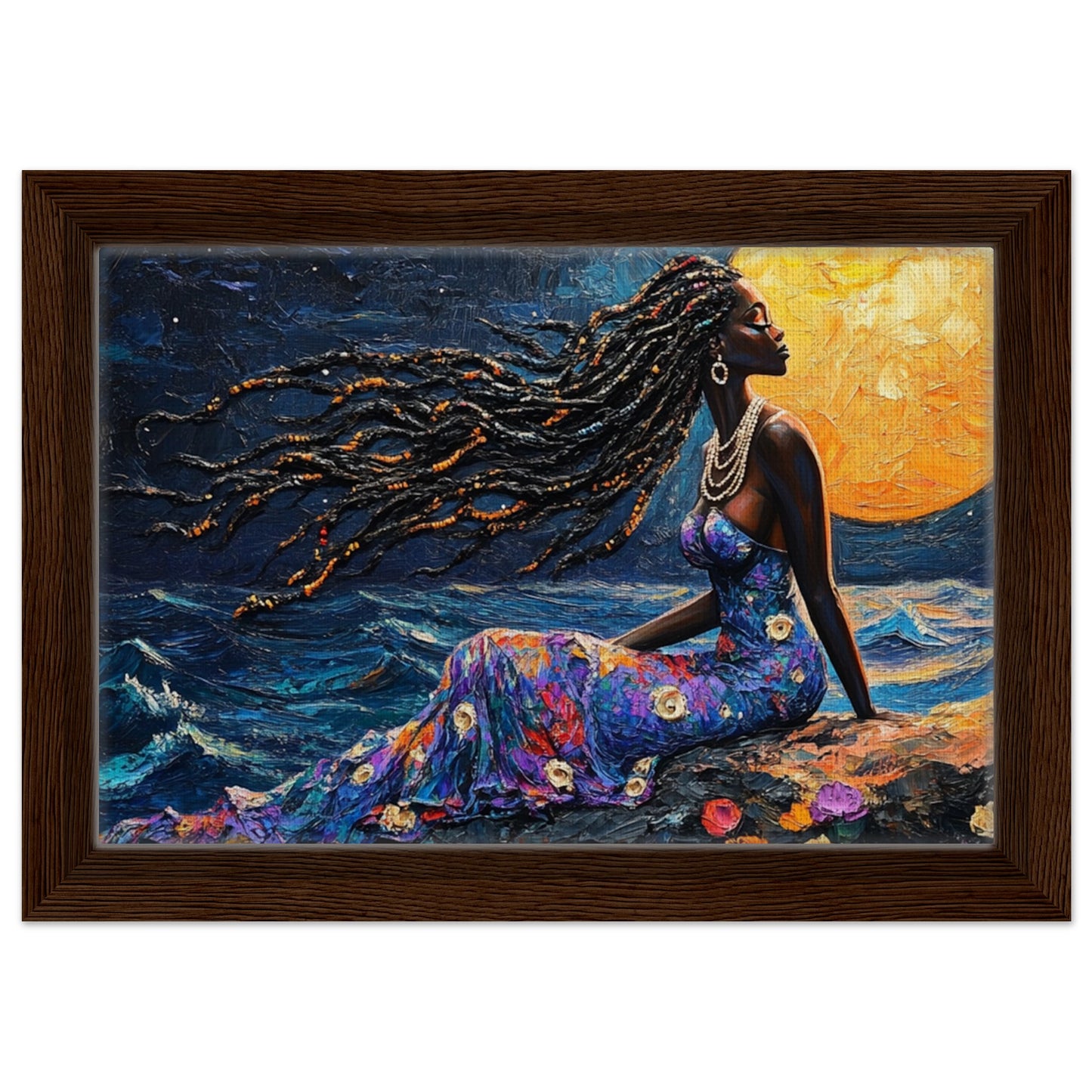 Empowering Black Woman in Moonlit Serenity - Framed Canvas Art for Cultural Pride and Home Elegance - MoomZee Artwork - Print Material