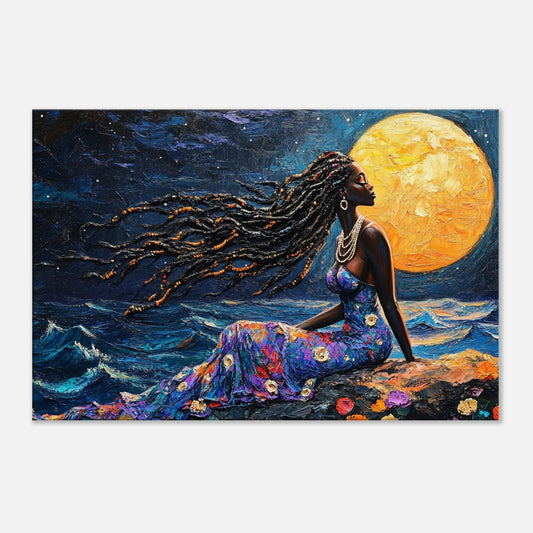 African American Mermaid in Moonlit Ocean | Enchanting Black Mermaid Art Print | Caribbean-Inspired Wall Decor - MoomZee Artwork - Posters, Prints, & Visual Artwork