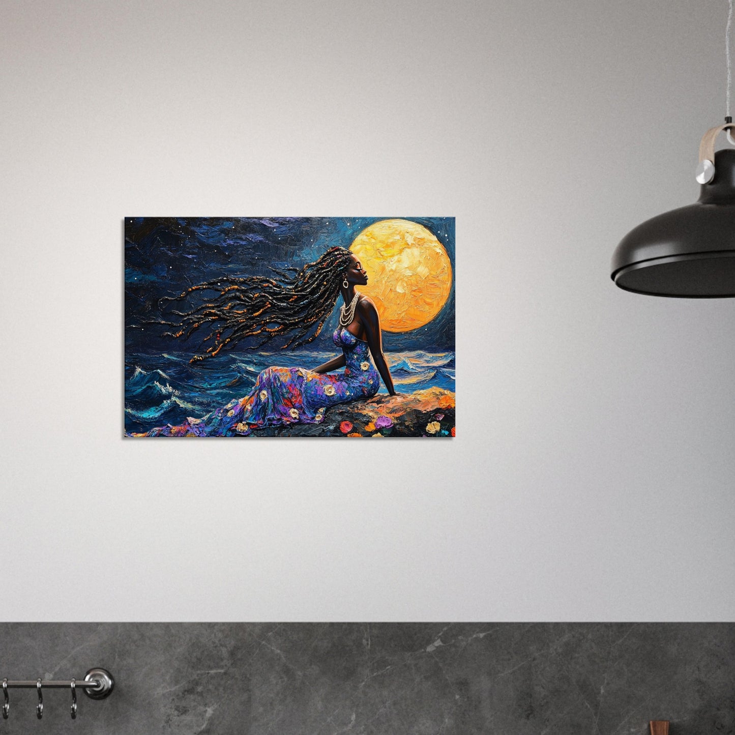 African American Mermaid in Moonlit Ocean | Enchanting Black Mermaid Art Print | Caribbean-Inspired Wall Decor - MoomZee Artwork - Posters, Prints, & Visual Artwork