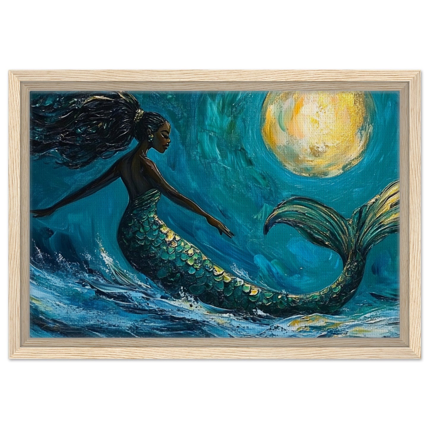 Framed Black Mermaid Canvas – Vibrant Ocean Dance Under Moonlight for Cultural Home Decor - MoomZee Artwork - Posters, Prints, & Visual Artwork