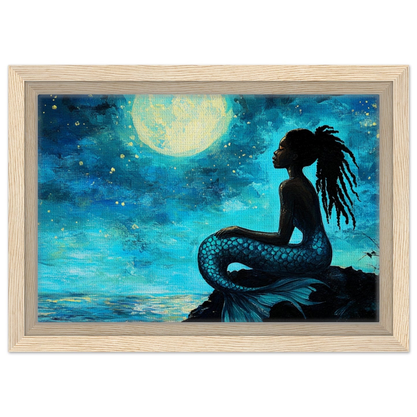 Serene Black Mermaid Under Moonlight - Framed Canvas Art - MoomZee Artwork - Posters, Prints, & Visual Artwork