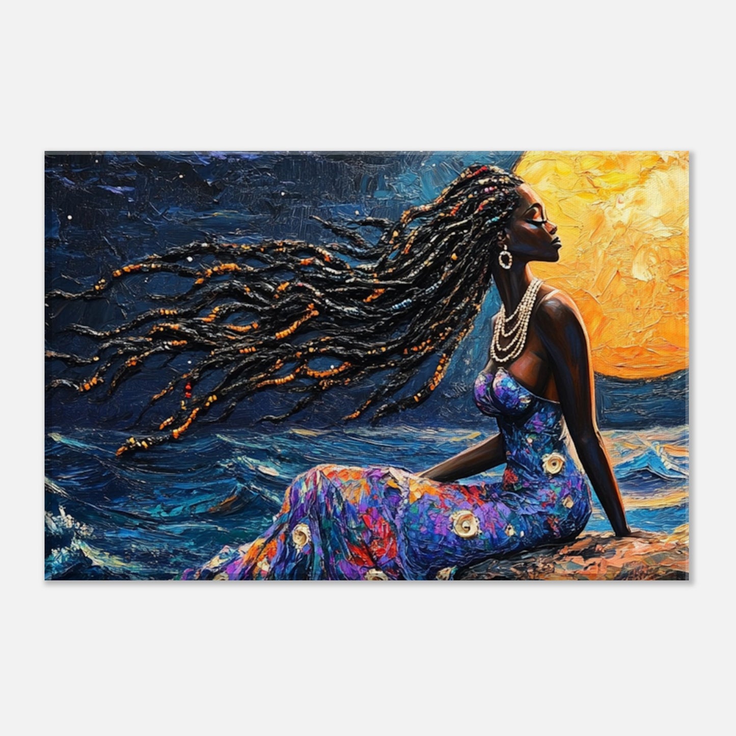 African American Mermaid in Moonlit Ocean | Enchanting Black Mermaid Art Print | Caribbean-Inspired Wall Decor - MoomZee Artwork - Posters, Prints, & Visual Artwork