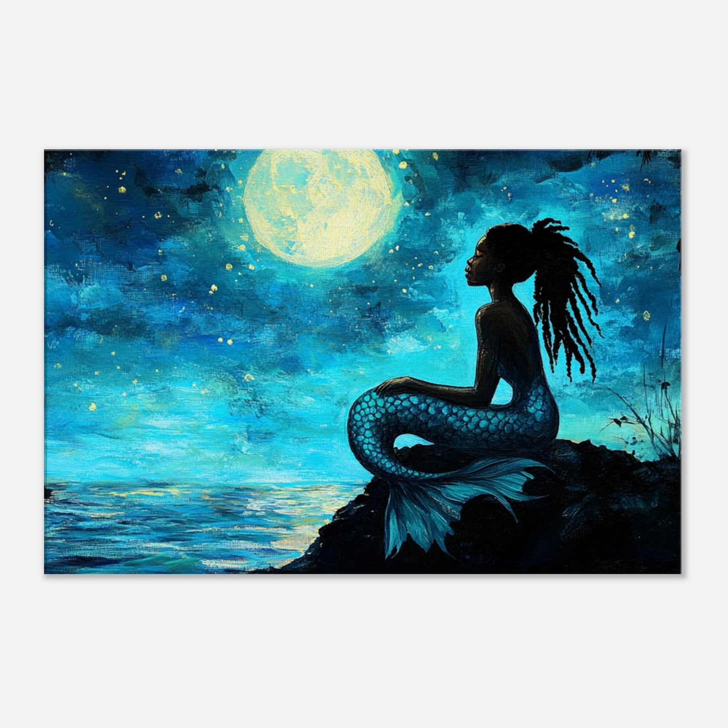 Serene Black Mermaid Under Moonlight - MoomZee Artwork - Posters, Prints, & Visual Artwork